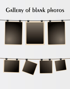 Blank photos hanging on a wire rope and clothesline with metallic clip. Art gallery of retro photo frames in different size, vector set. Card frame image mockup, design template