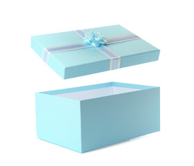 Light blue gift box and lid with bow on white background