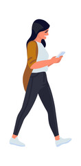Young woman walking with smartphone. Girl typing on phone