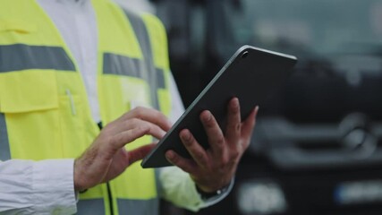 Close up of man using tablet at warehouse harbor