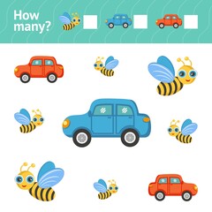 Fototapeta na wymiar Car, bee. Counting Game for Children card. Bright vector illustration. How many