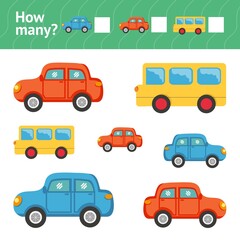 Cars and bus. Counting Game for Children card. Bright vector illustration. How many	