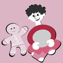 the boy sits cross-legged and smiles at the gingerbread man. Design element