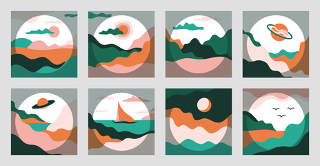 Set of eight abstract landscapes. Simple trendy icons, templates for social media, travelling blogs, posts. Minimal style of mountains, sea, sky, clouds, sun, moon. Round logos in squares, hand drawn