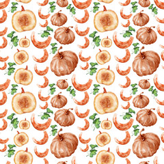 Watercolor seamless pattern with pumpkins and leaves