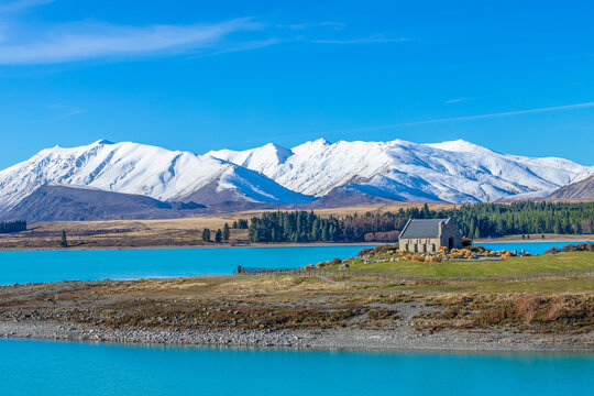 Church of the Good Shepherd with clear blue sky Lake Tekapo South Island New Zealand