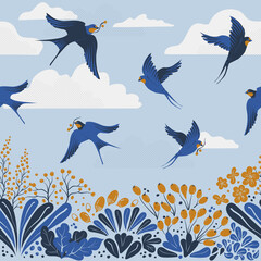 Vector seamless pattern with hand-draw birds. Border pattern with swallows, berries and flowers in classic blue yellow white colors.