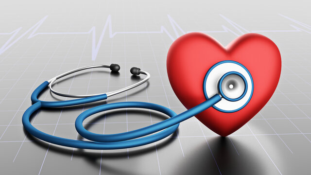 Stethoscope and red heart with electrocardiogram. ECG and medical tool. 3d rendered illustration.