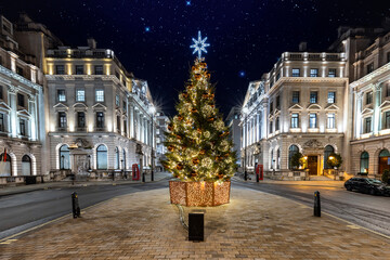 A beautiful lit up christmas tree in central London for the festive season during night time...