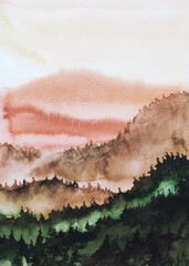 Mountain landscape. Watercolor. Autumn forest. © Полина Путинцева
