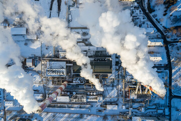 Aerial winter sunny frozen morning view of industrial factory in Vilnius, Lithuania
