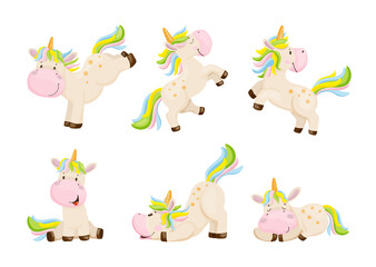 Collection of cartoon illustrations with unicorn performing different actions. Colorful cute character.