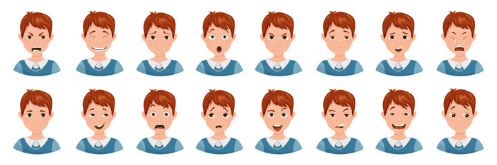 Collection of teenager avatars with different emotions. Cute boy character.