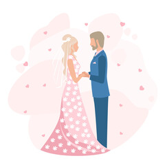 Happy bride and groom get married. Flat vector illustration of enamored man and woman in wedding clothes. Together forever. on an abstract background with hearts.