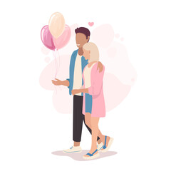 Cute couple of lovers are hugging and having fun. Flat vector illustration of enamored man and woman on an abstract background. Happy Valentine's Day.