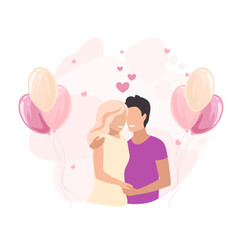 Cute couple of lovers are hugging and having fun. Flat vector illustration of enamored man and woman on an abstract background. Happy Valentine's Day.