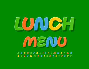 Vector artistic template Lunch Menu with colorful Hands Font. Creative Sticker style Alphabet Letters and Numbers set