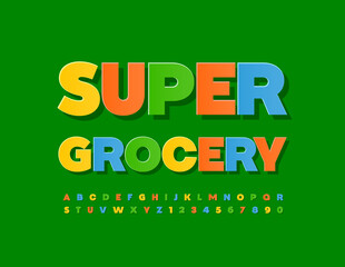 Naklejka premium Vector commercial logo Super Grocery with colorful creative Font. Sticker style bright Alphabet Letters and Numbers set