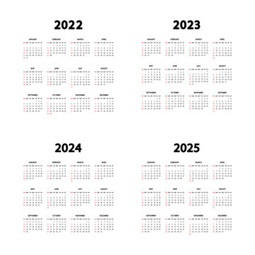 Calendar 2022, 2023, 2024 and 2025 years. The week starts Sunday. Annual English calendars template. Stationery vertical template in simple, minimal design. Portrait orientation
