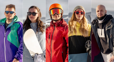 Ski sports collage with snowboarders faces