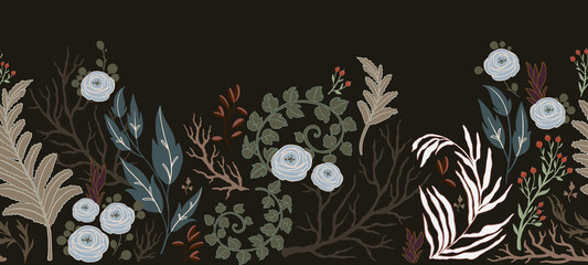Seamless border with floral elements. Decorative wallpaper in vintage gothic style. Vector illustration