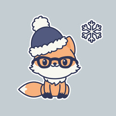 Cute kawaii fox sticker. Happy little foxes wearing winter hat. Winter holidays illustration. Vector art.
