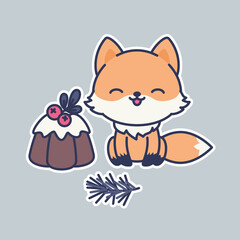 Cute kawaii fox sticker. Happy little foxes with traditional chocolate cake and holly berry. Winter holidays illustration. Vector art.