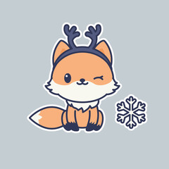 Cute kawaii fox sticker. Happy little fox wearing deer horns on its head and a snowflake next to it. Winter holidays illustration. Vector art.