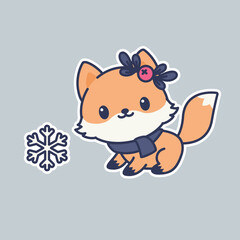 Cute kawaii fox sticker. Happy little foxes with holly berry, scarf,  and a snowflake. Winter holidays illustration. Vector art.