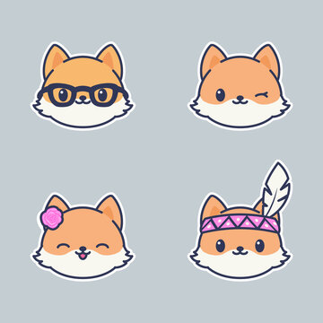 Cute kawaii foxes sticker set. Happy little foxes emoji. Vector art.