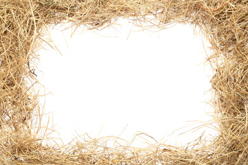 Frame made of dried hay on white background, top view. Space for text - obrazy, fototapety, plakaty