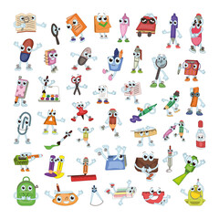 Funny stationery characters with different emotions. Vector illustration for students and schoolchildren.