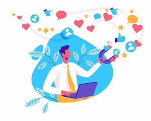Man collecting likes with magnet illustration, Attraction magnet vector, Male character is holding magnet to collect like, Social media concept. Feedback and followers in Internet