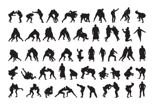 Collection of black silhouettes of people practicing sumo. Shadows of the fighting men on a white background. Martial arts illustrations.