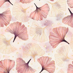 Gingko leaves isolated on white background, seamless pattern. Hand drawn with watercolors. Suitable for all print on demand products.