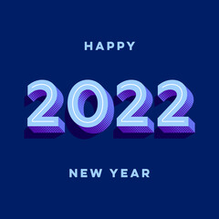 2022 Happy New Year Square Format Design Template with Creative Retro 2022 Typography Logo on Blue Background. Square Banner Vector Concept for 2022 New Year Social Media Post or Greeting Card