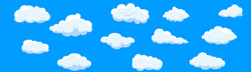 Clouds set isolated on blue background. Collection of clouds for web site, poster, placard and wallpaper. Creative modern concept. Clouds vector illustration