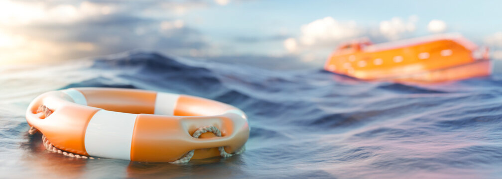 Orange rescue ring and emergency life boat in the ocean waiting for rescue 3d render panoramic