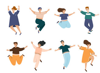 Happy energetic people in free poses set. Young positive men and women flying, dancing and jumping with fun and joy.