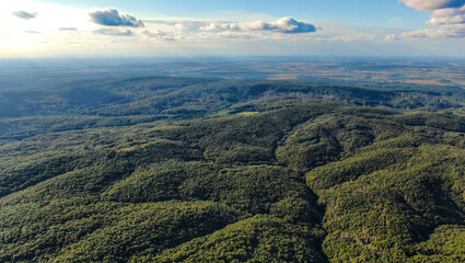 Fototapeta premium Aerial view of the Bakony Mountains in Western Hungary