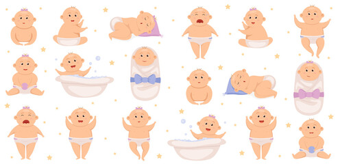 Set with cute little baby boy in diaper. Active baby. Infant new born. Toddler babies activity cute cheerful characters nowaday
