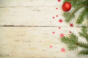 Fototapeta na wymiar Christmas holidays composition on white wooden background with copy space for your text
