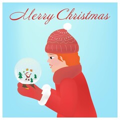 A red-haired girl in red winter clothes is sitting on her knees and holding a snow globe in her hands. Inside the snow globe, little Santa throws gifts up. Christmas card.