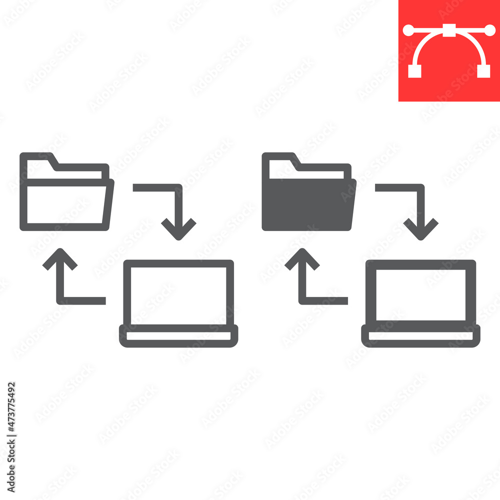 Poster data share line and glyph icon, database and transfer, laptop with folder vector icon, vector graphi