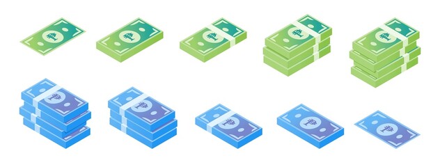 Philippine Peso Banknote Isometric Icon Set