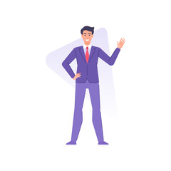 Trendy modern business man wearing tie suit smiling waving hand vector flat illustration