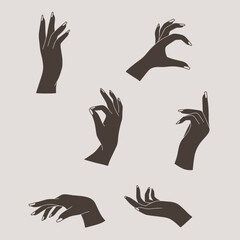 Minimalist bohemian feminine hands vector set for gestures