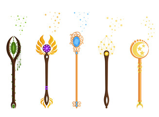 Magic Wands with Fairy Dust and Glow Swirling Around Vector Set. Various wizards of magic wand vector illustration flat design