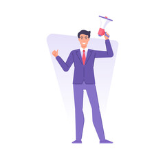 Cheerful business male holding megaphone thumb up loud public message political agitation vector