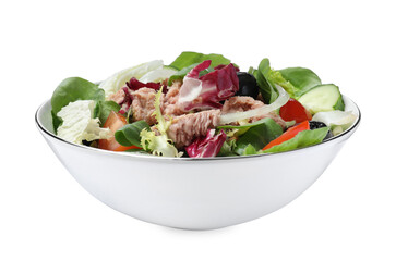 Bowl of delicious salad with canned tuna and vegetables on white background